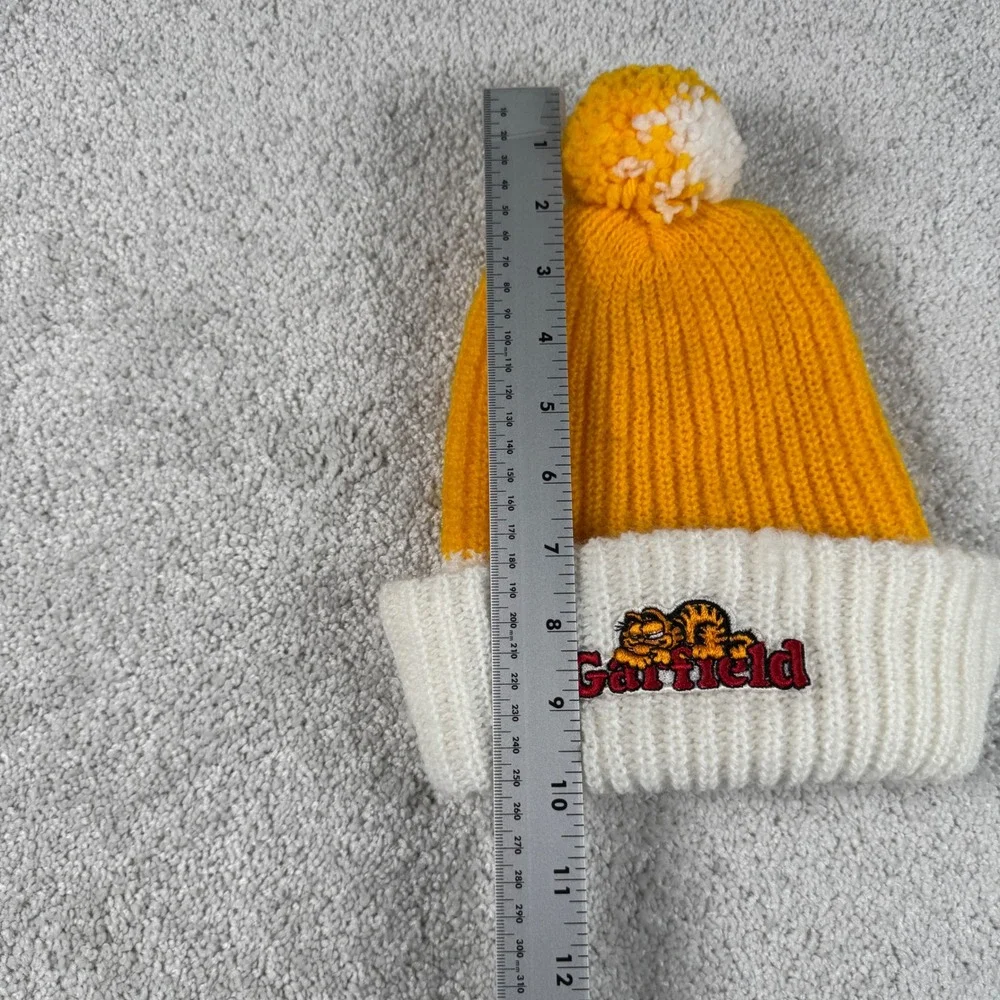 Garfield Cat Knit Beanie Kids Child OS Yellow White Vtg 80s Pom Pom Hat USA Made